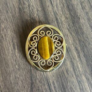 Vintage Tiger Eye Gold Tone Brooch Pin